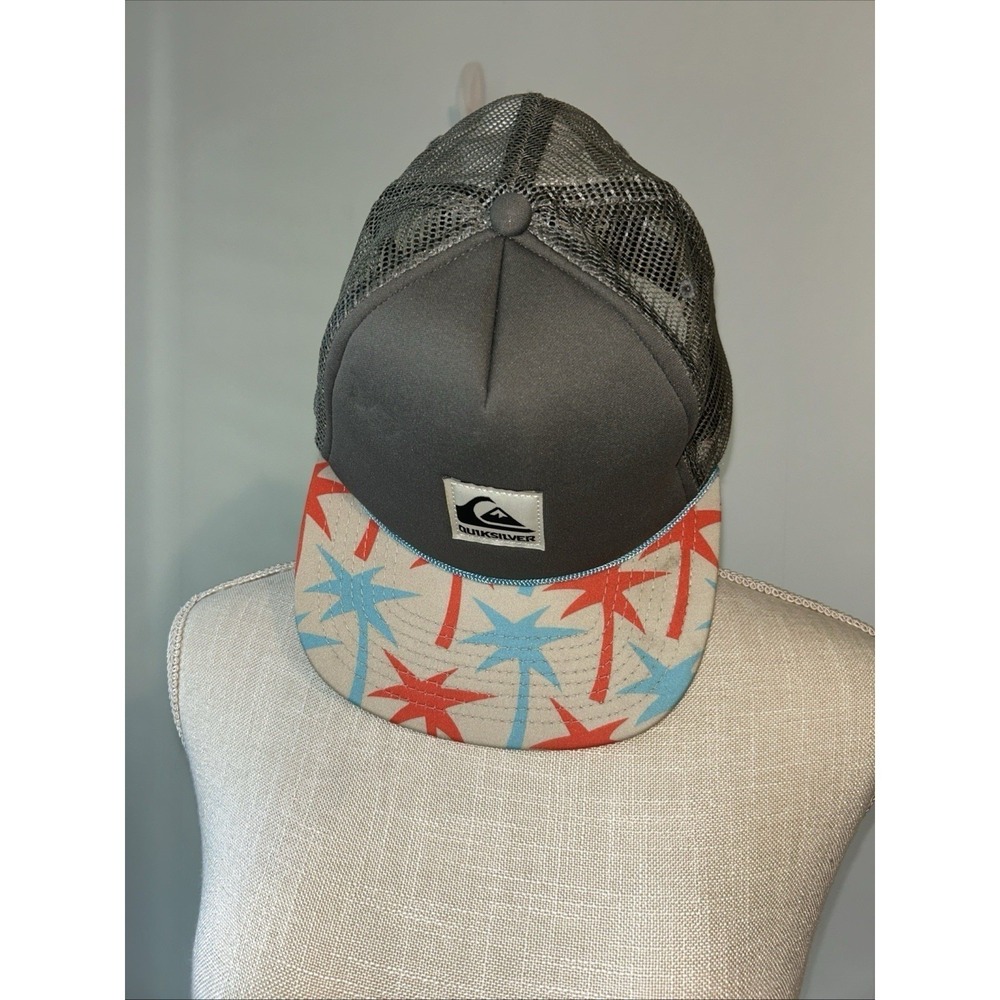 Quiksilver Mens Trucker Hat Grey Palm Tree Print Flat Brim Snapback Mesh Cap OSF
